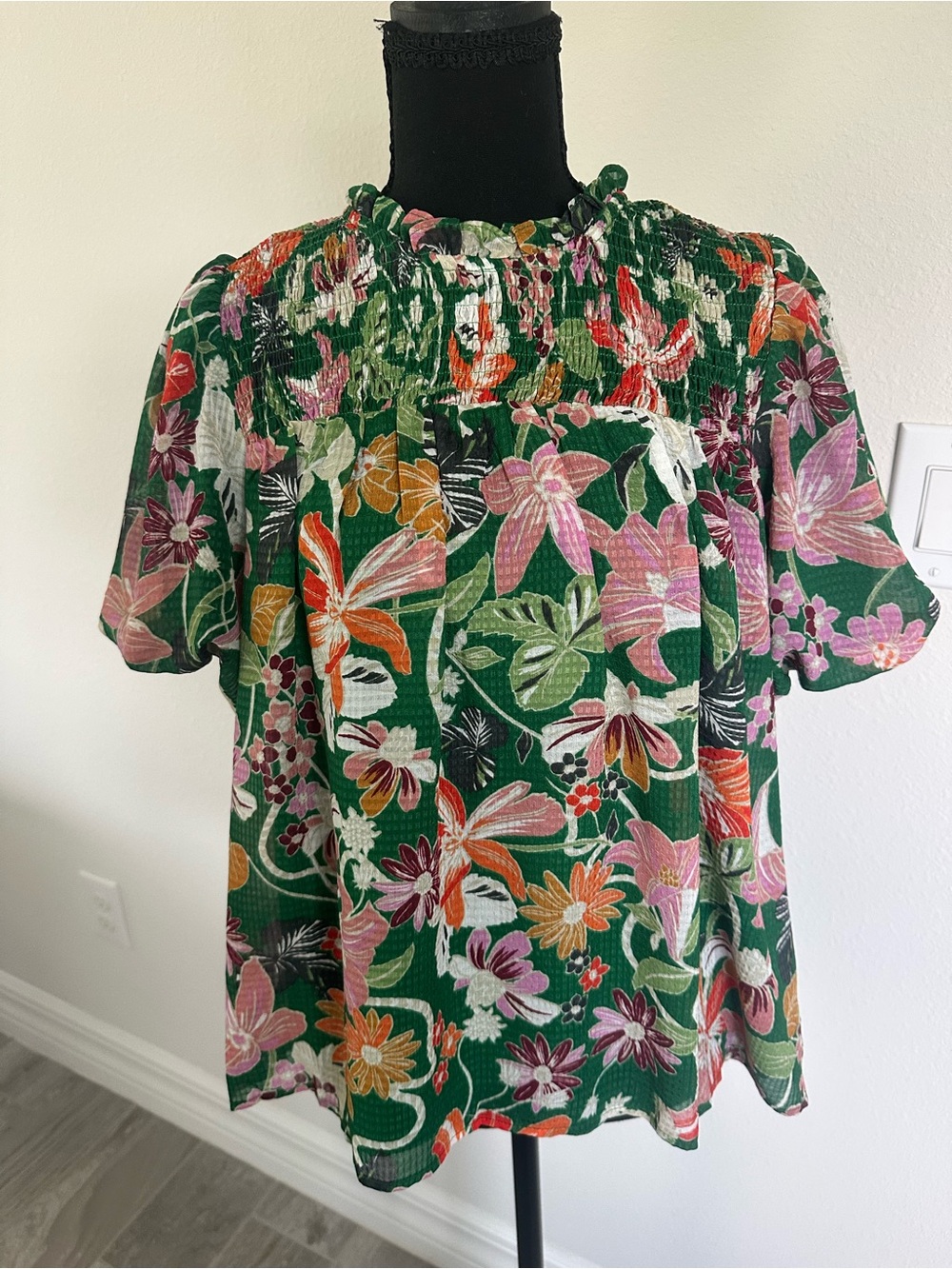 TCEC Green Floral Smocked Yoke Blouse with Pink & Orange Flowers